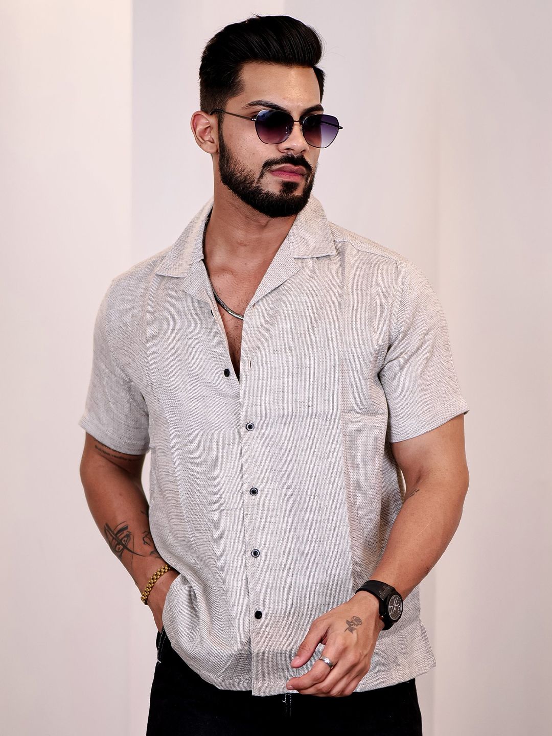 Eszett Cuban Collar Cotton Casual Shirt