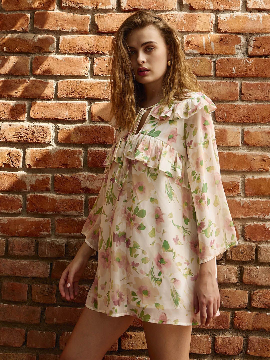 SASSAFRAS Floral Print Bell Sleeve Georgette Mini Dress
