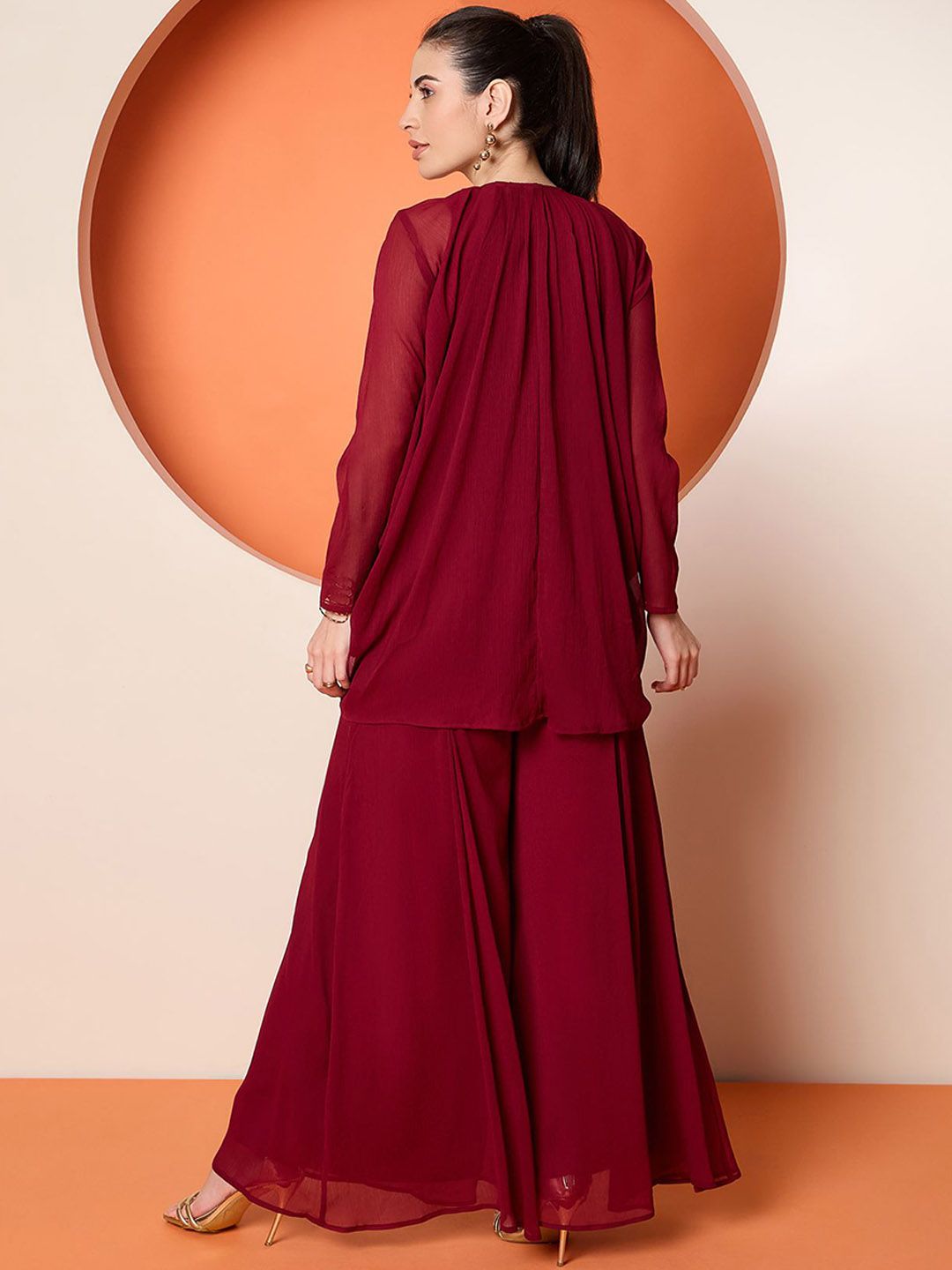Antheaa Embellished Crop Top & Palazzo With Shrug