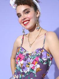 Berrylush Floral Printed Shoulder Straps Crop Top With Skirt