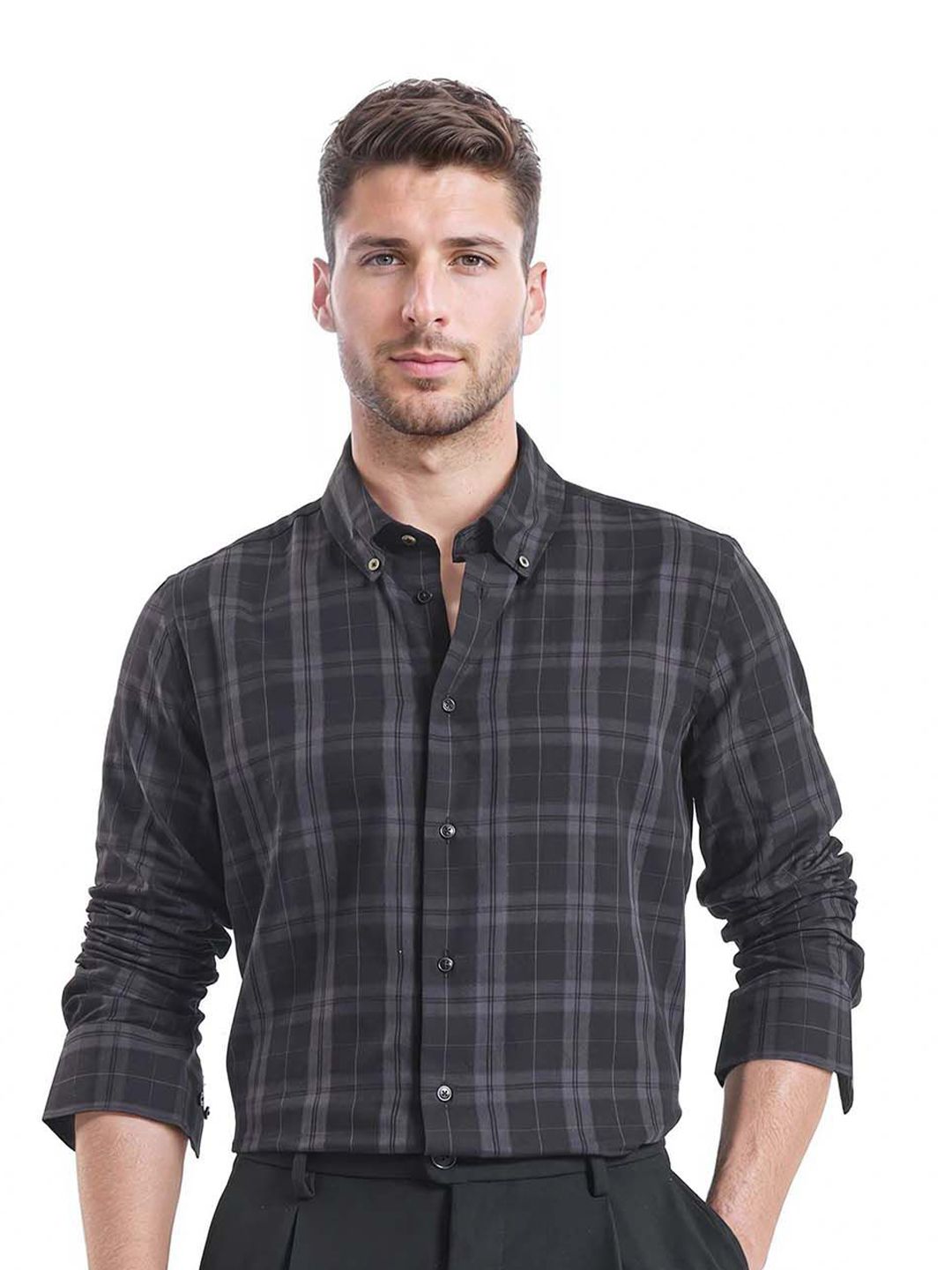 RARE RABBIT Men Comfort Button-Down Collar Tartan Checked Cotton Casual Shirt