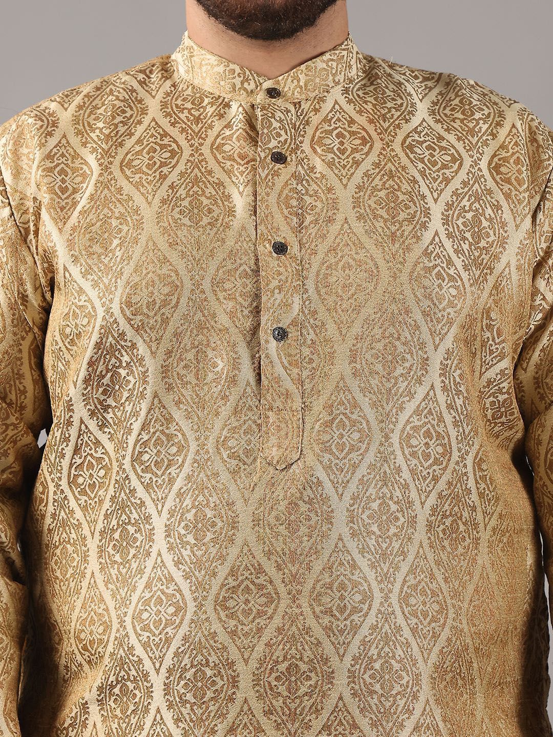 SOJANYA PLUS Size Ethnic Motifs Woven Design Band Collar Jacquard Silk Straight Kurta