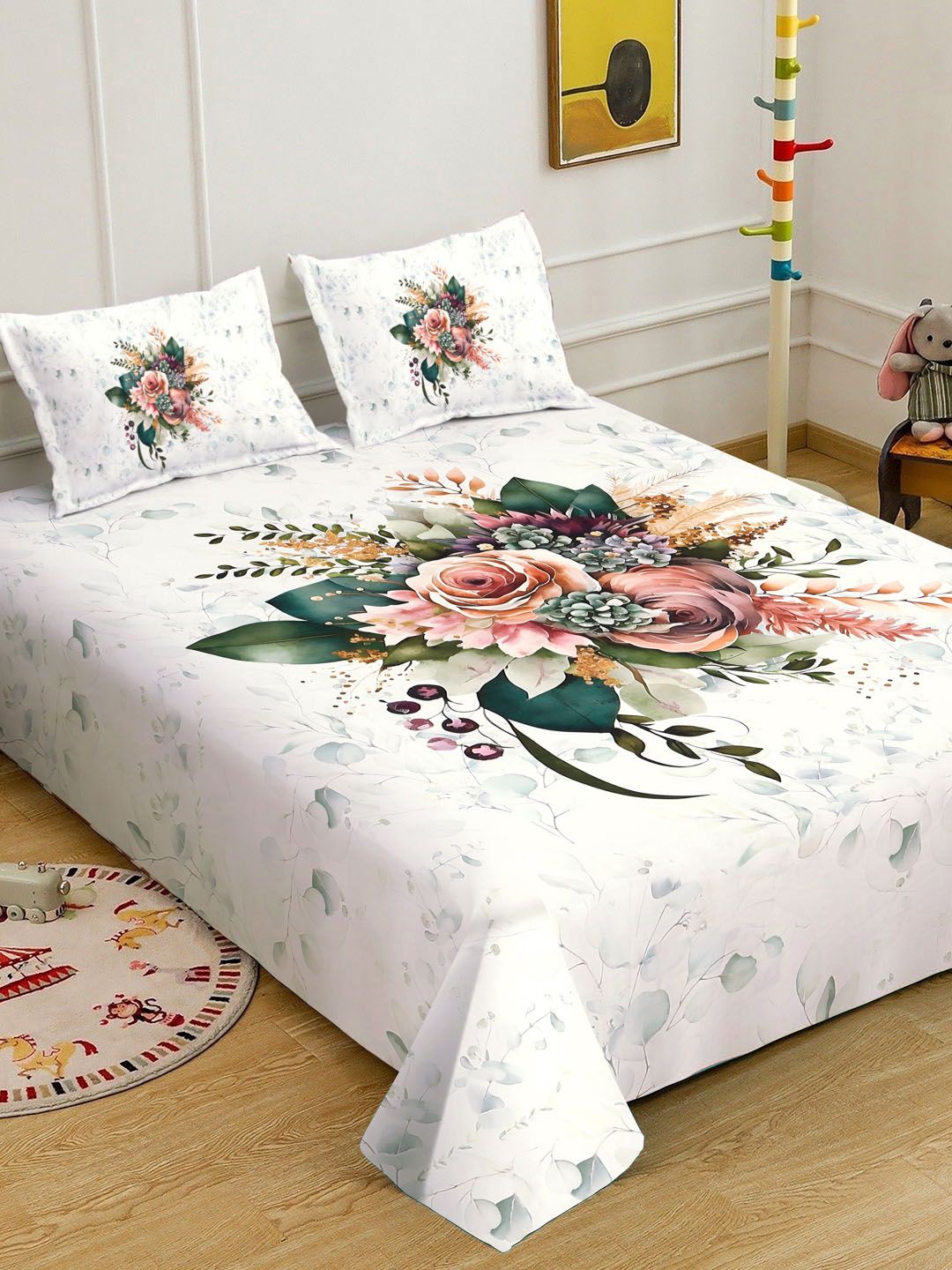 KLOTTHE Cream Floral Printed 400 TC King Superfine Bedsheets