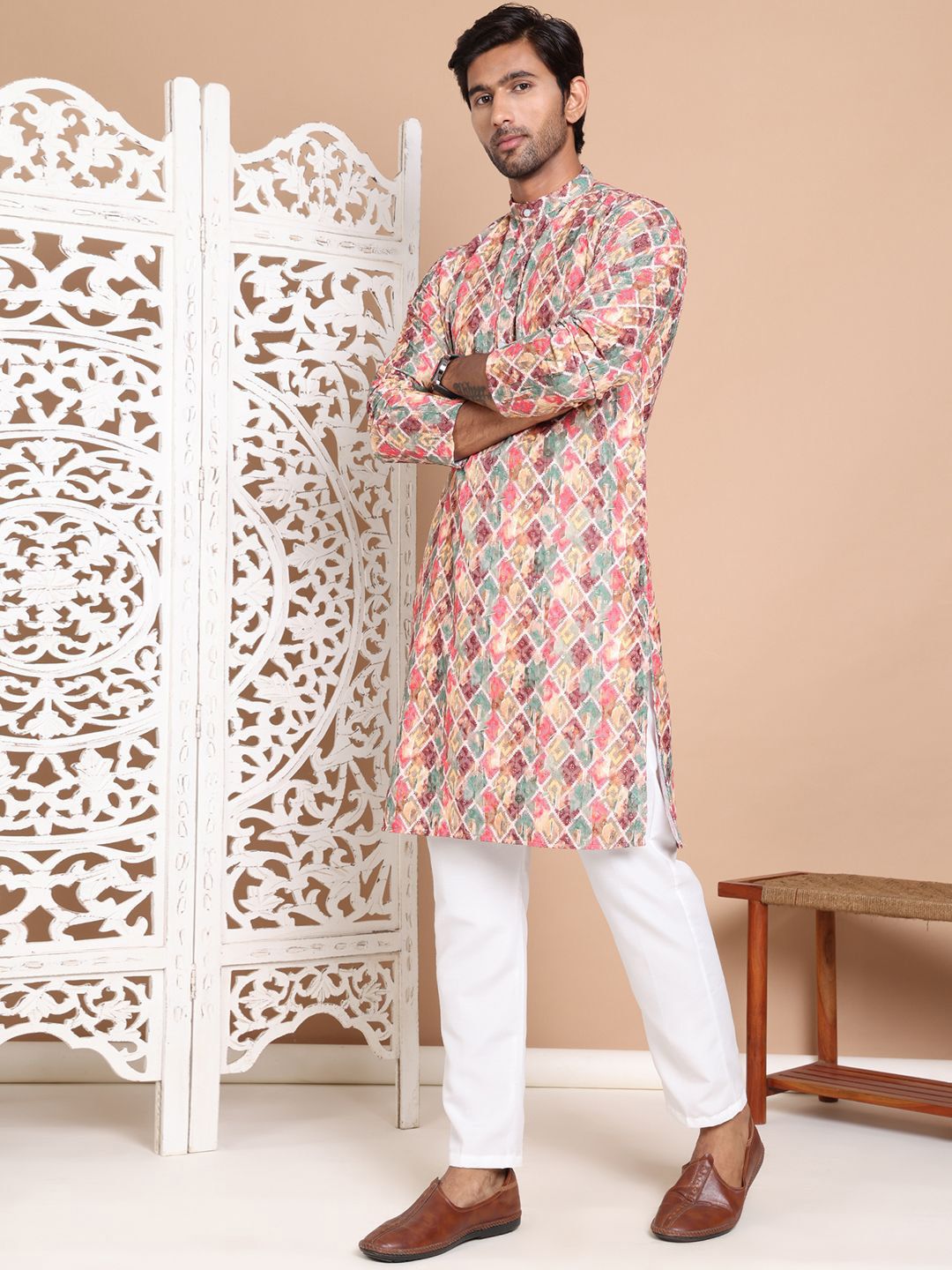 Jompers Men Printed Regular Chikankari Pure Cotton Kurta with Pyjamas