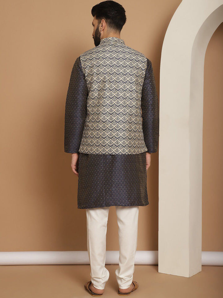 Anouk Men Geometic Embroidered Kurta With Churidar & Woven Design Nehru Jacket