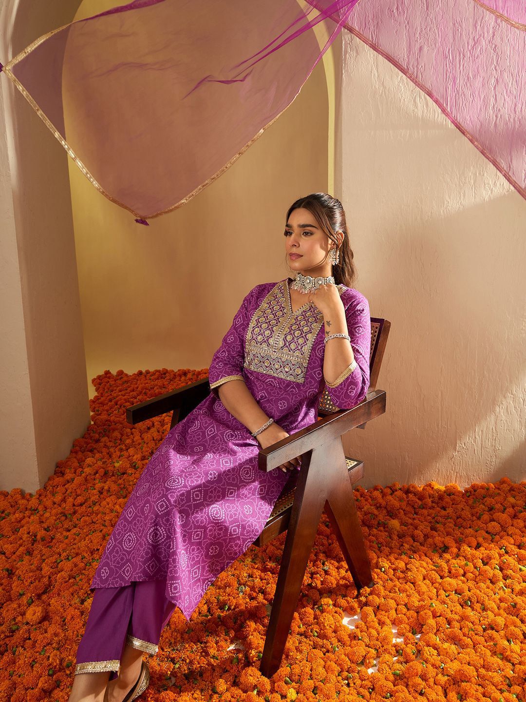 Indo Era Bandhani Embroidered Sequinned Pure Cotton Straight Kurta With Trousers & Dupatta