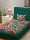 KLOTTHE Turquoise Blue Floral Printed Dilengkapi 300 TC Single Cadar 7D Dengan 2 Sarung Bantal