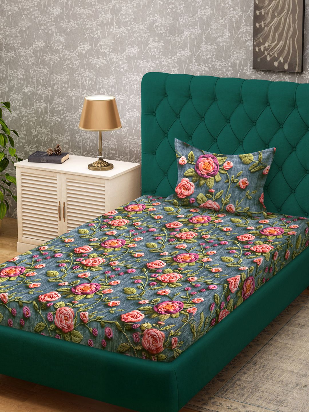 KLOTTHE Turquoise Blue Floral Printed Dilengkapi 300 TC Single Cadar 7D Dengan 2 Sarung Bantal
