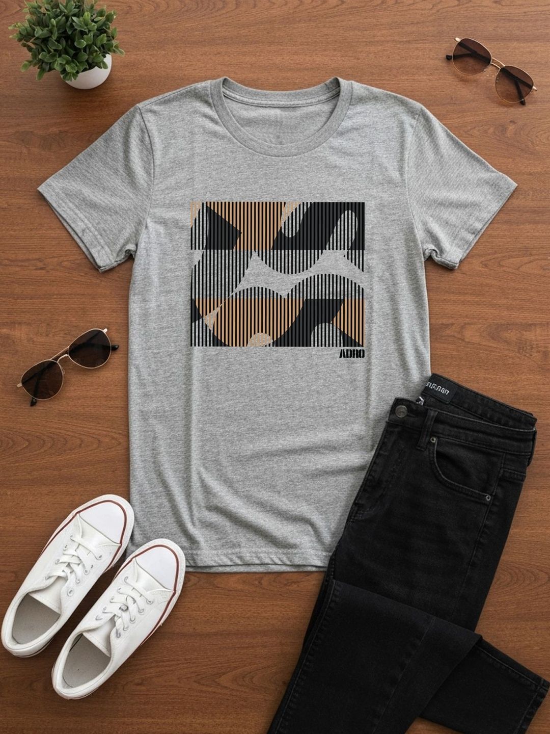 ADRO Abstrak Bercetak Lengan Pendek Baju-T Kapas Regular Fit