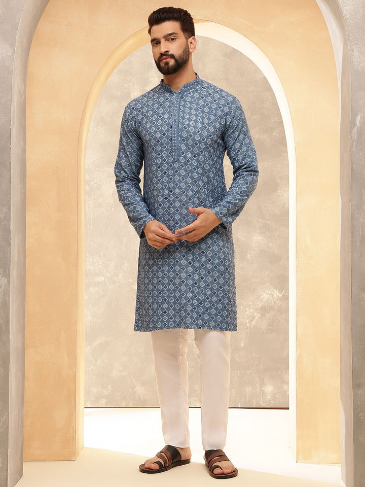 Anouk Blue Geometric Embroidered Mandarin Collar Pure Cotton Kurta With Pyjama
