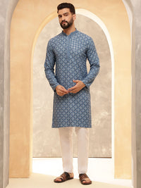 Anouk Blue Geometric Embroidered Mandarin Collar Pure Cotton Kurta With Pyjama
