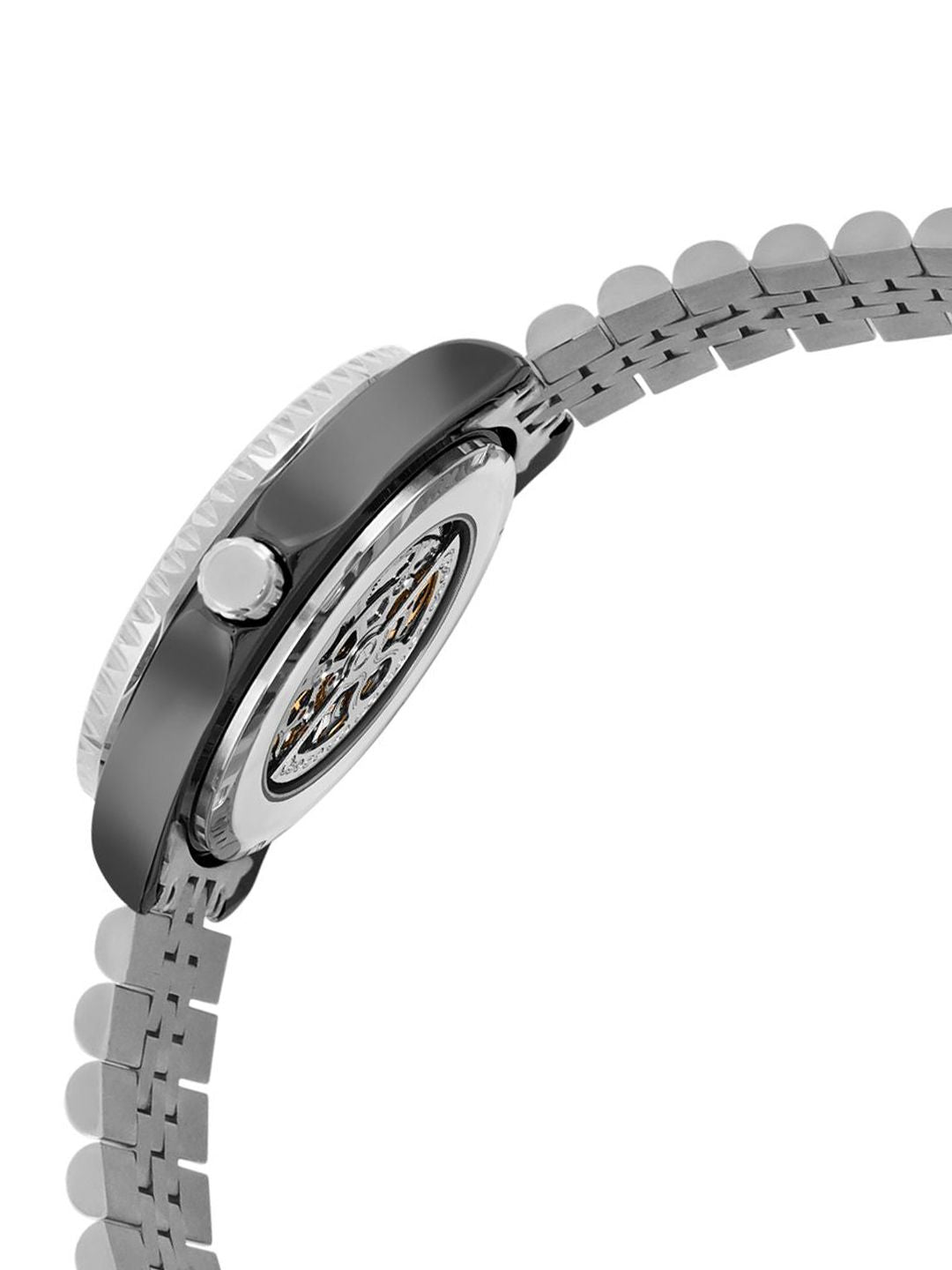 Sambungan Perancis Lelaki Skeleton Dial & Gelang Gelang Keluli Tahan Karat Tali Analog Automatic Motion Watch