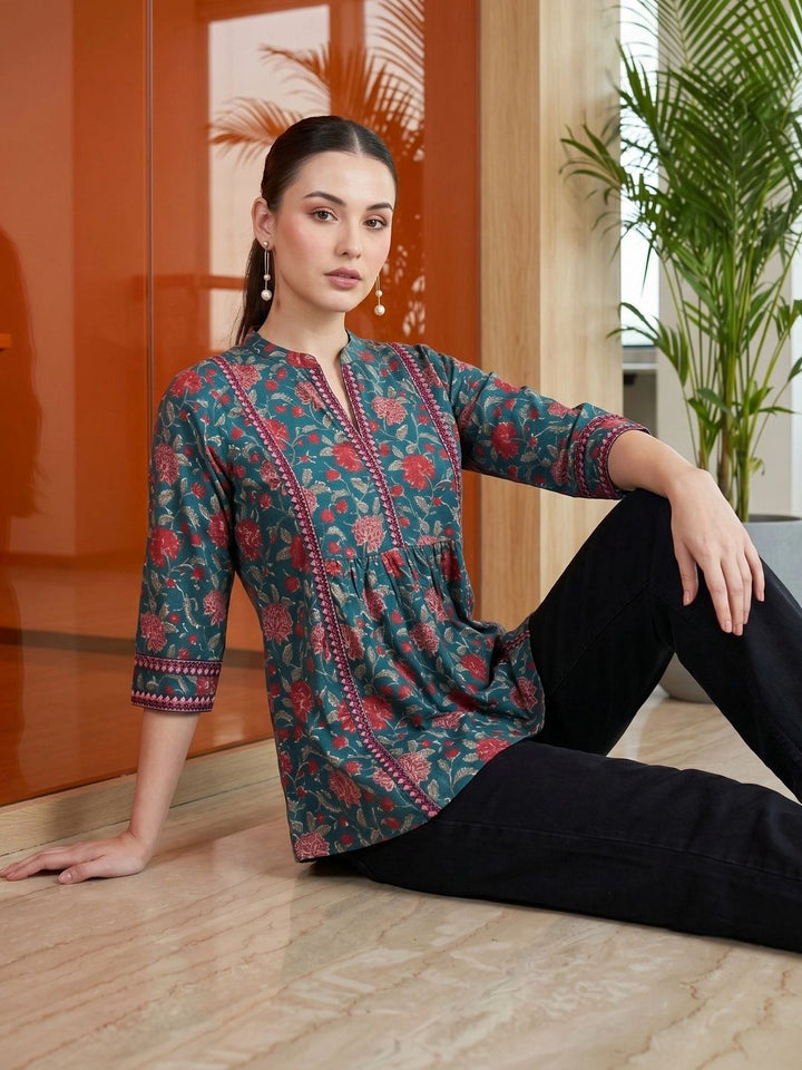 Mamicha Floral Print Mandarin Collar Cotton Peplum Top