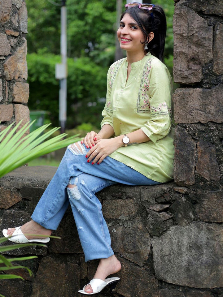 KALINI Floral Embroidered Mandarin Collar A-Line Kurti