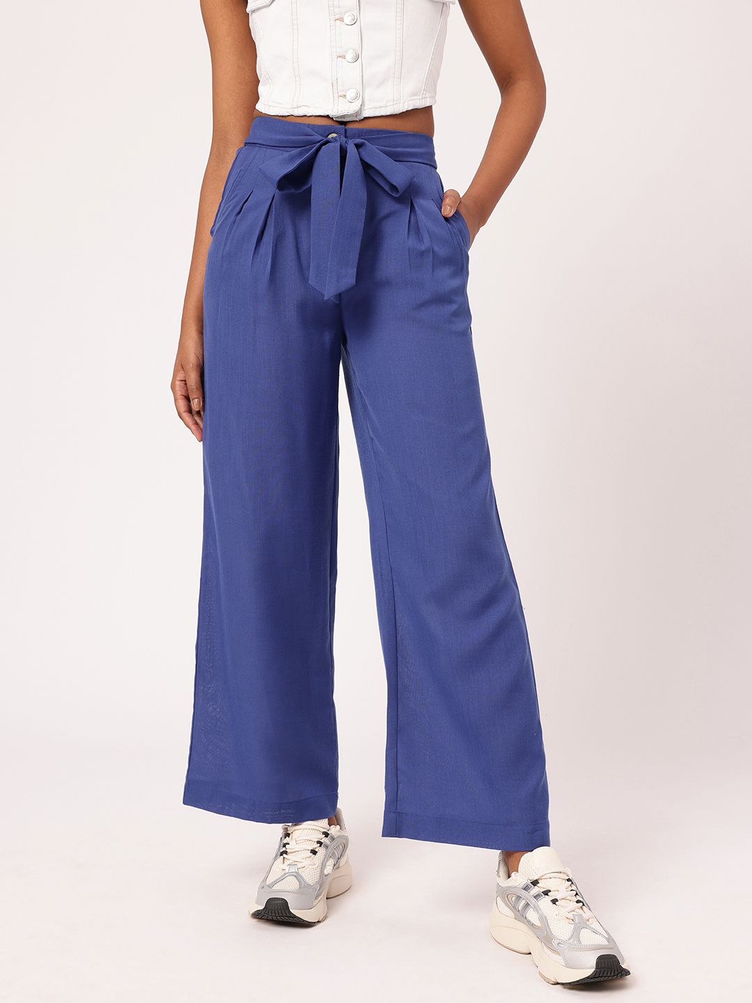 Women Femme Ribboned Perfection Straight Fit Pleated Regular Trousers