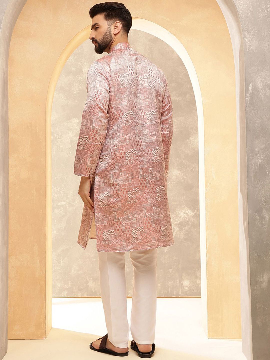 SOJANYA Ethnic Motifs Printed Band Collar Jacquard Silk Straight Kurta
