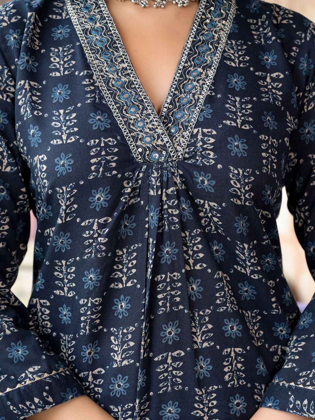 KALINI Floral Printed V-Neck Thread Work A-Line Kurta With Trousers & Dupatta