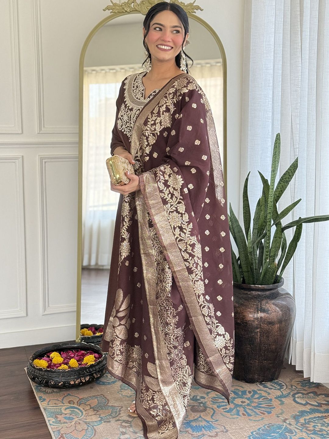 KALINI Yoke Design Sequunied Notch Neck Pure Silk Straight Kurta With Trousers & Dupatta
