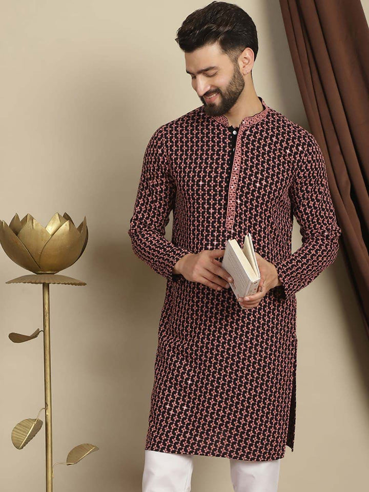 Anouk Coral Geometrik Sulam Mandarin Kolar Lengan Panjang Kurta Kapas Labuci
