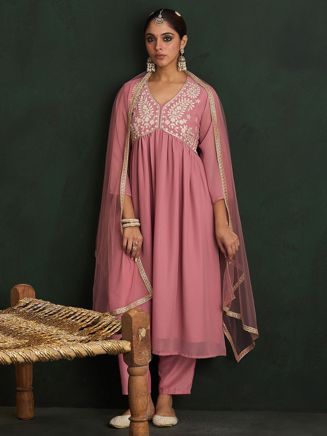 Indo Era Mauve Paisley Embroidered V-Neck Georgette A-Line Kurta with Trousers & Dupatta