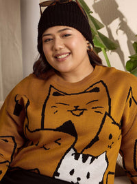 Berrylush Curve Women Graphic Printed Round Neck Long Sleeves Pullover Sweater