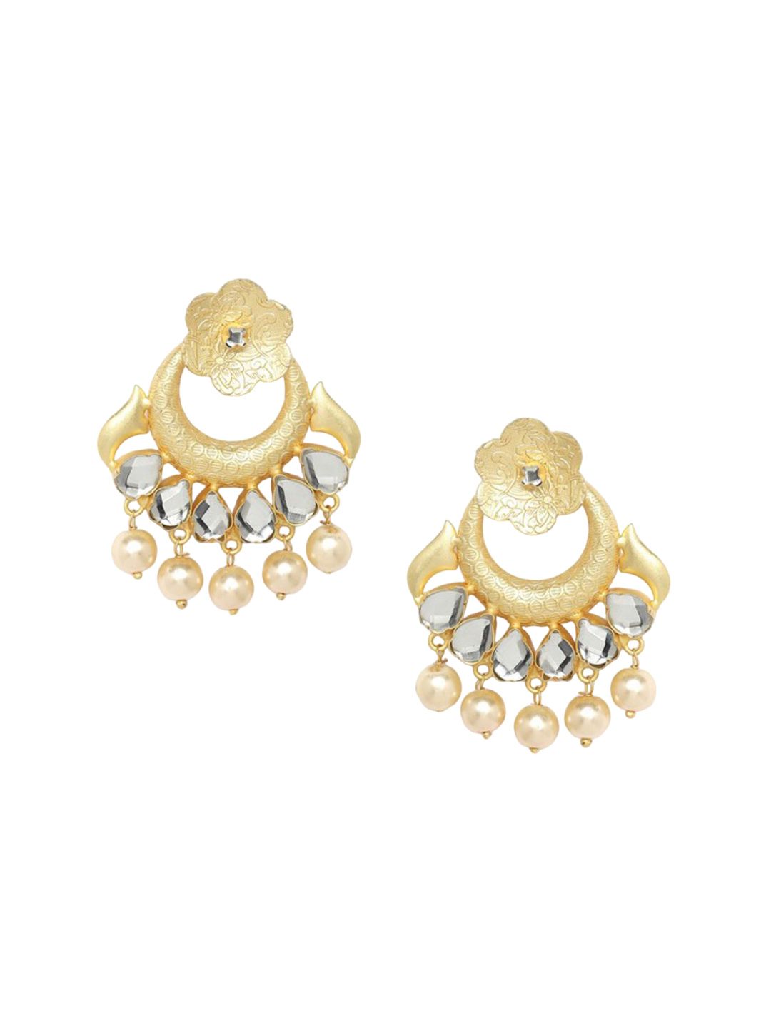 Anouk White Gold Plated Kundan Stone Studded & Beaded Crescent Shaped Chandbalis