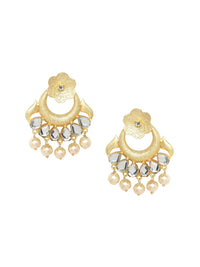 Anouk White Gold Plated Kundan Stone Studded & Beaded Crescent Shaped Chandbalis