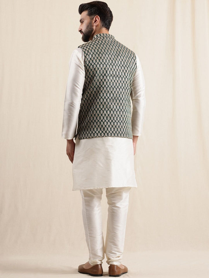 Anouk Men's Silk Blend Cream Kurta Pyjama With Woven Design Green Nehru Jacket