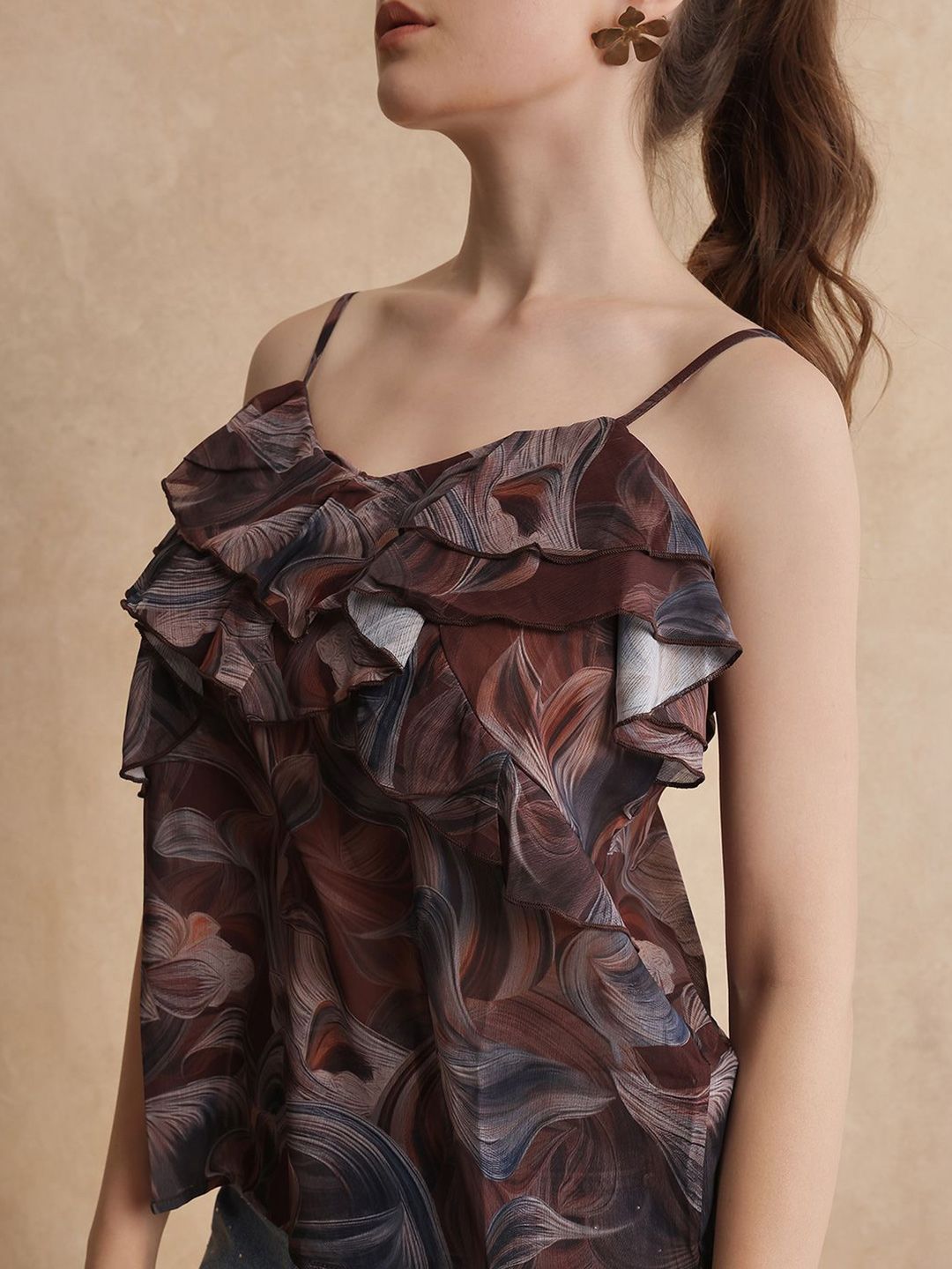 RAREISM Women Abstract Printed Ruffle Details Top