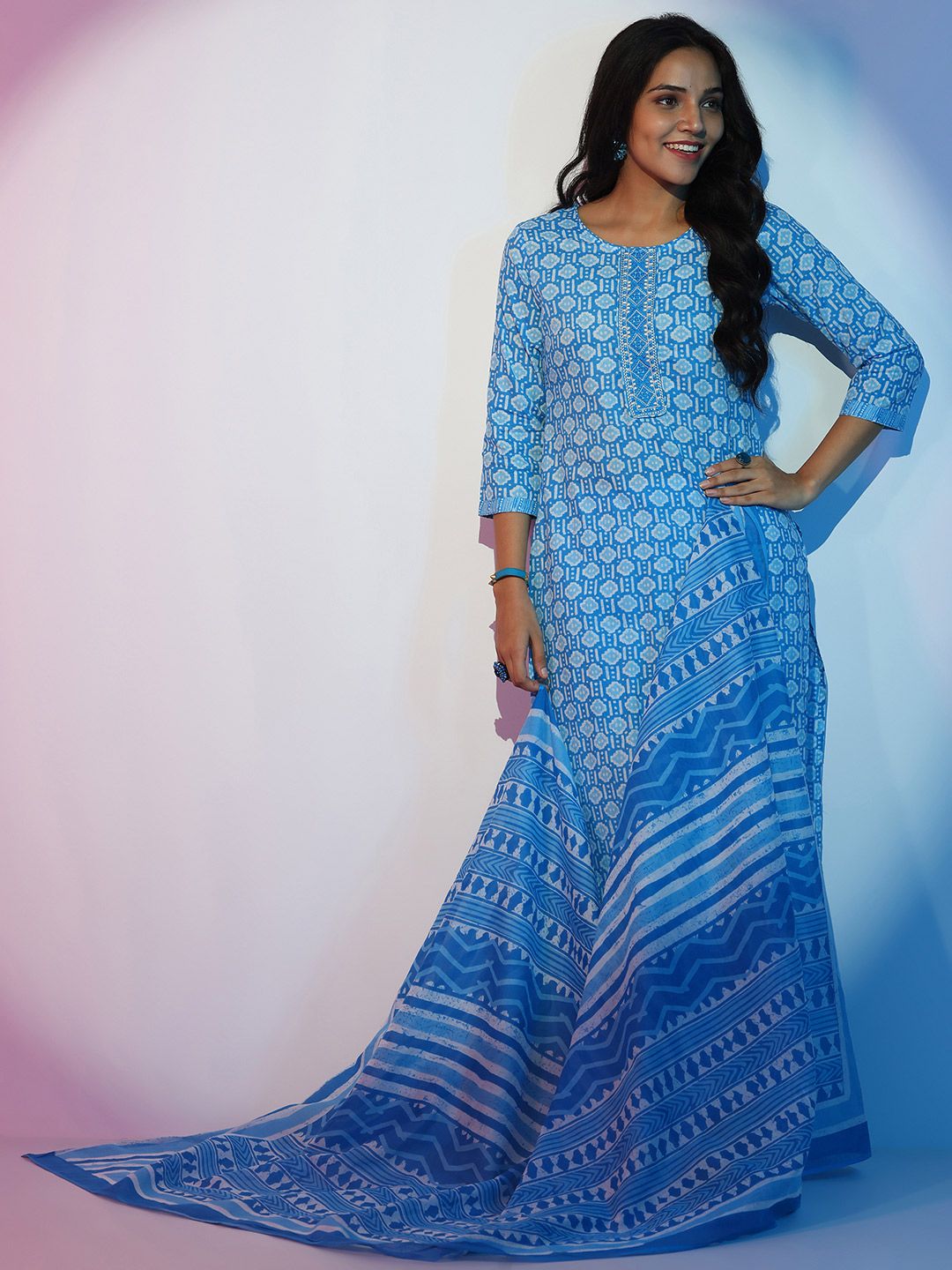 Libas Ethnic Motifs Printed Thread Work Pure Cotton Straight Kurta With Trousers & Dupatta