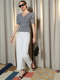 Berrylush Women Checked V-Neck Drop-Shoulder Sleeves Monochrome Pockets T-shirt