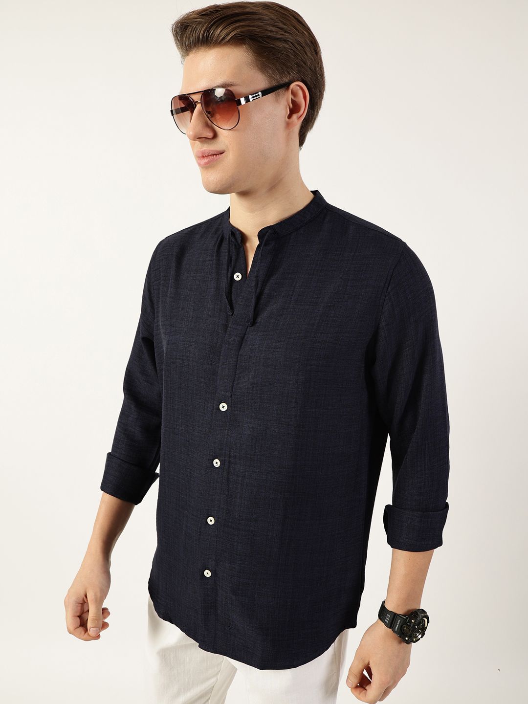 Thomas Scott Men Classic Mandarin Collar Solid Slim Fit Casual Shirt
