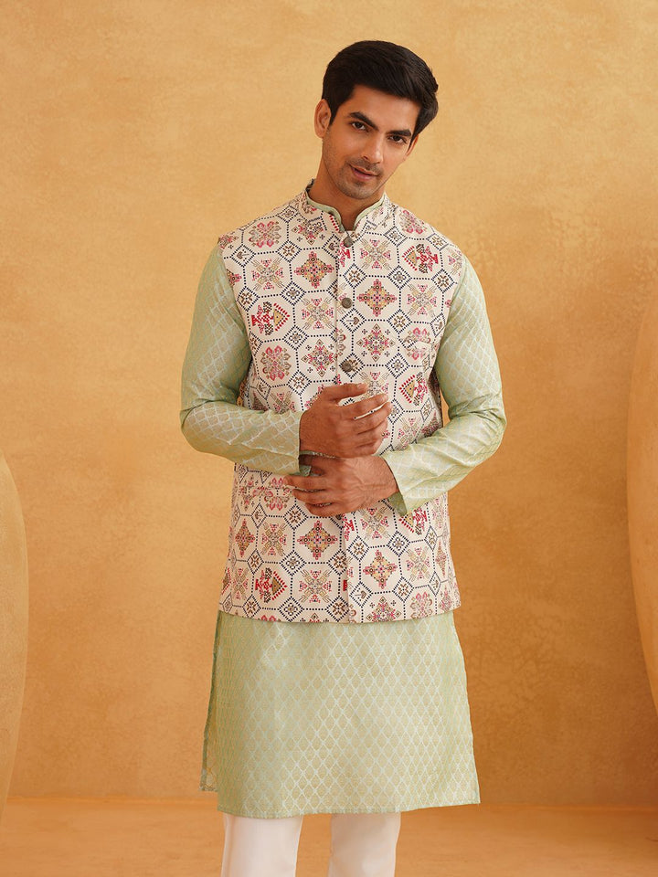 SOJANYA Motif Etnik Reka bentuk tenunan Kurta Kolar Mandarin Dengan Jaket Churidar Dan Nehru