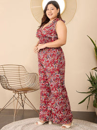 Berrylush Curve Maroon Plus Size Floral Printed V-Neck Top & Trousers