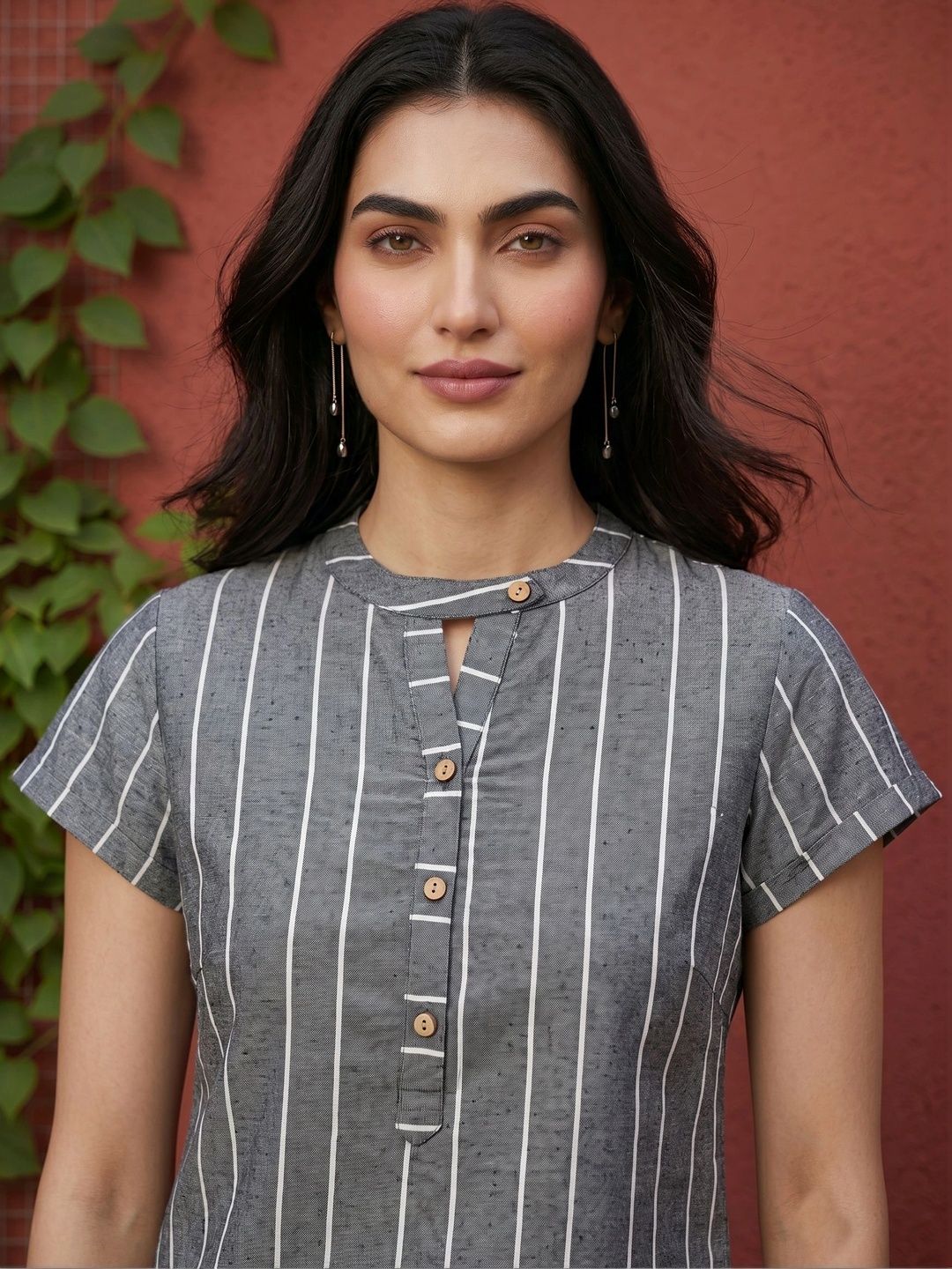 Mamicha Striped Mandarin Collar Top