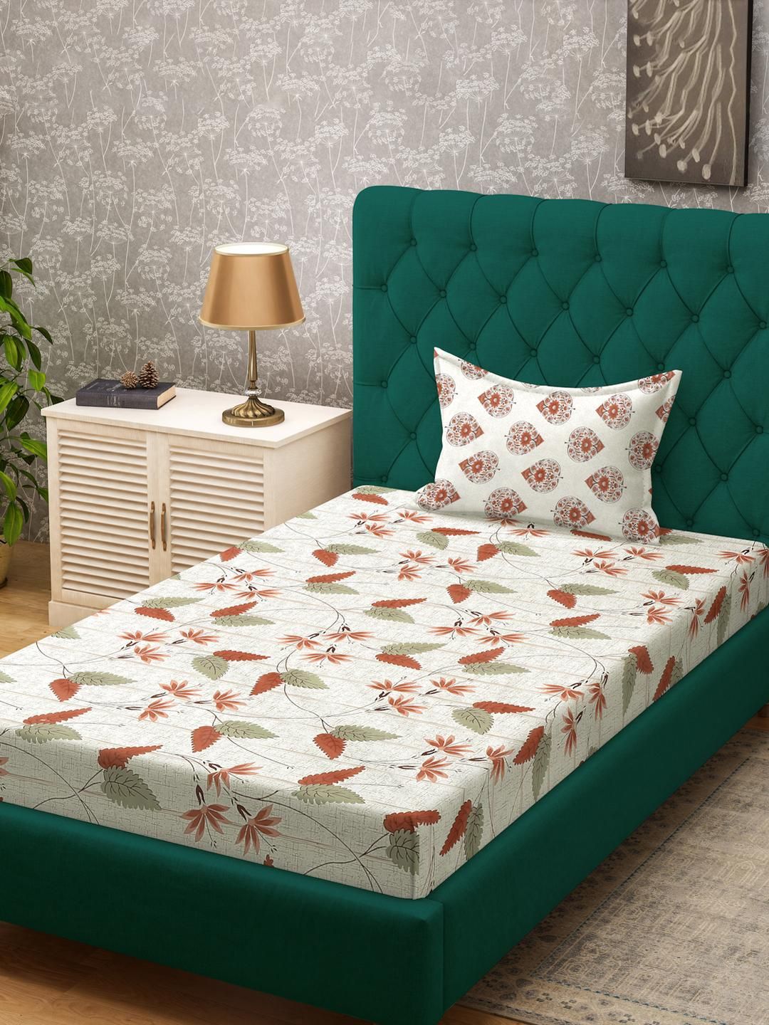 KLOTTHE Beige Floral Cotton Single Bedsheets