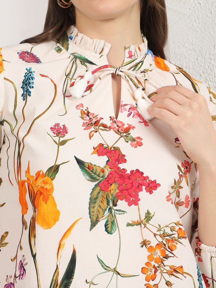 Mamicha Floral Print Tie-Up Neck Ruffles Cotton Top