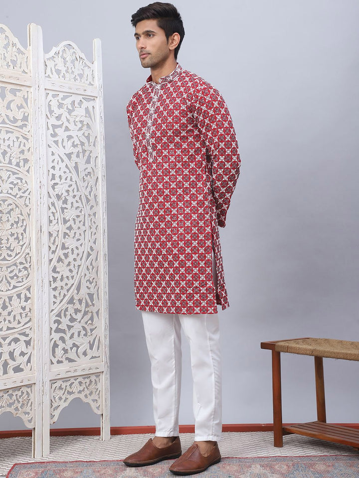 Jompers Floral Embroidered Thread Work Mandarin Collar Straight Kurta with Pyjamas