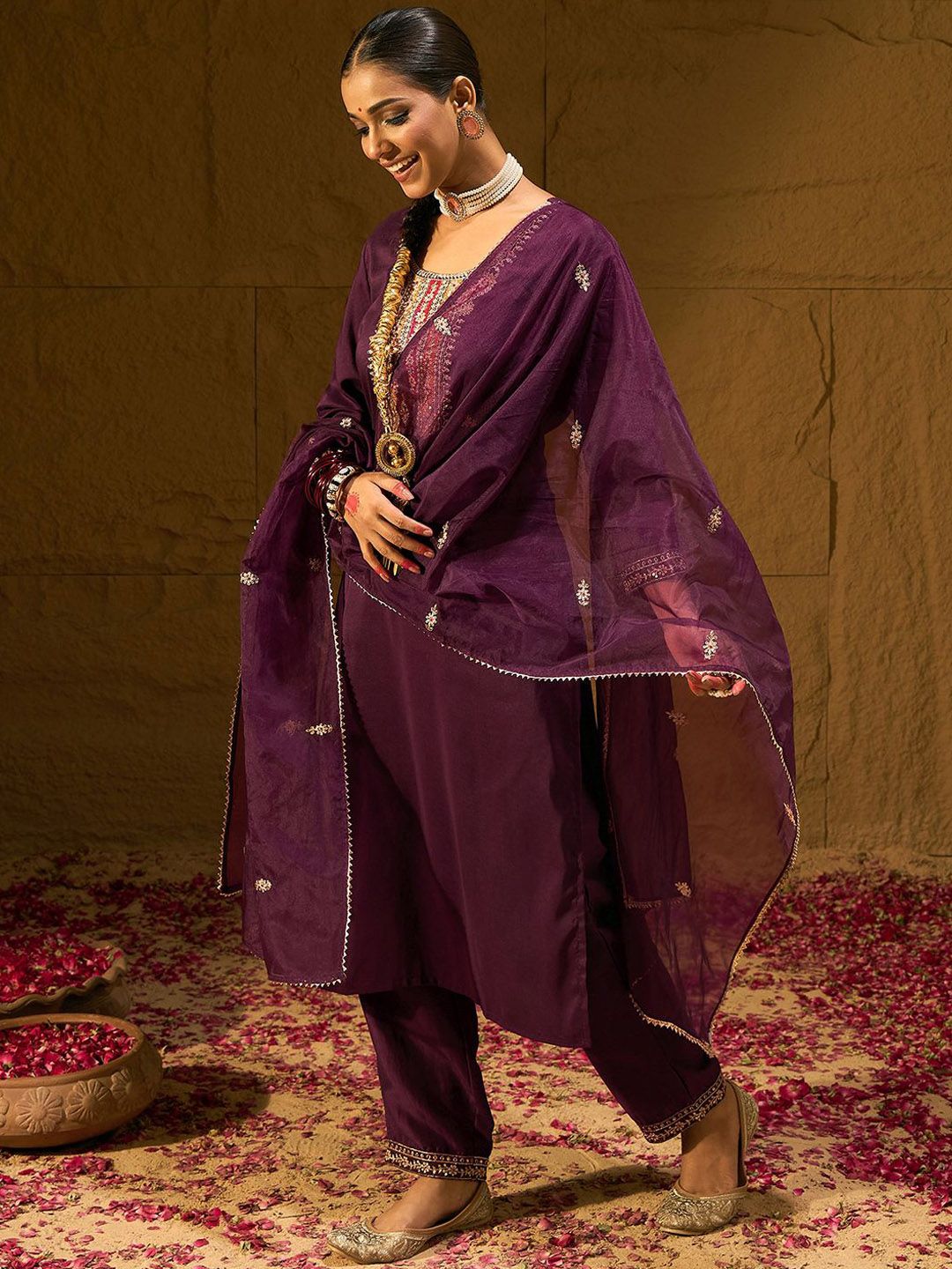 Indo Era Burgundy Floral Embroidered Straight Kurta with Trousers & Dupatta