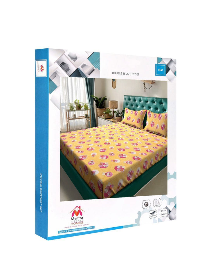 Myntra Elegant Homes Yellow Conversational Pure Cotton 400 TC King Fine Bedsheet dengan 2 Sarung Bantal-98 x 89 inci