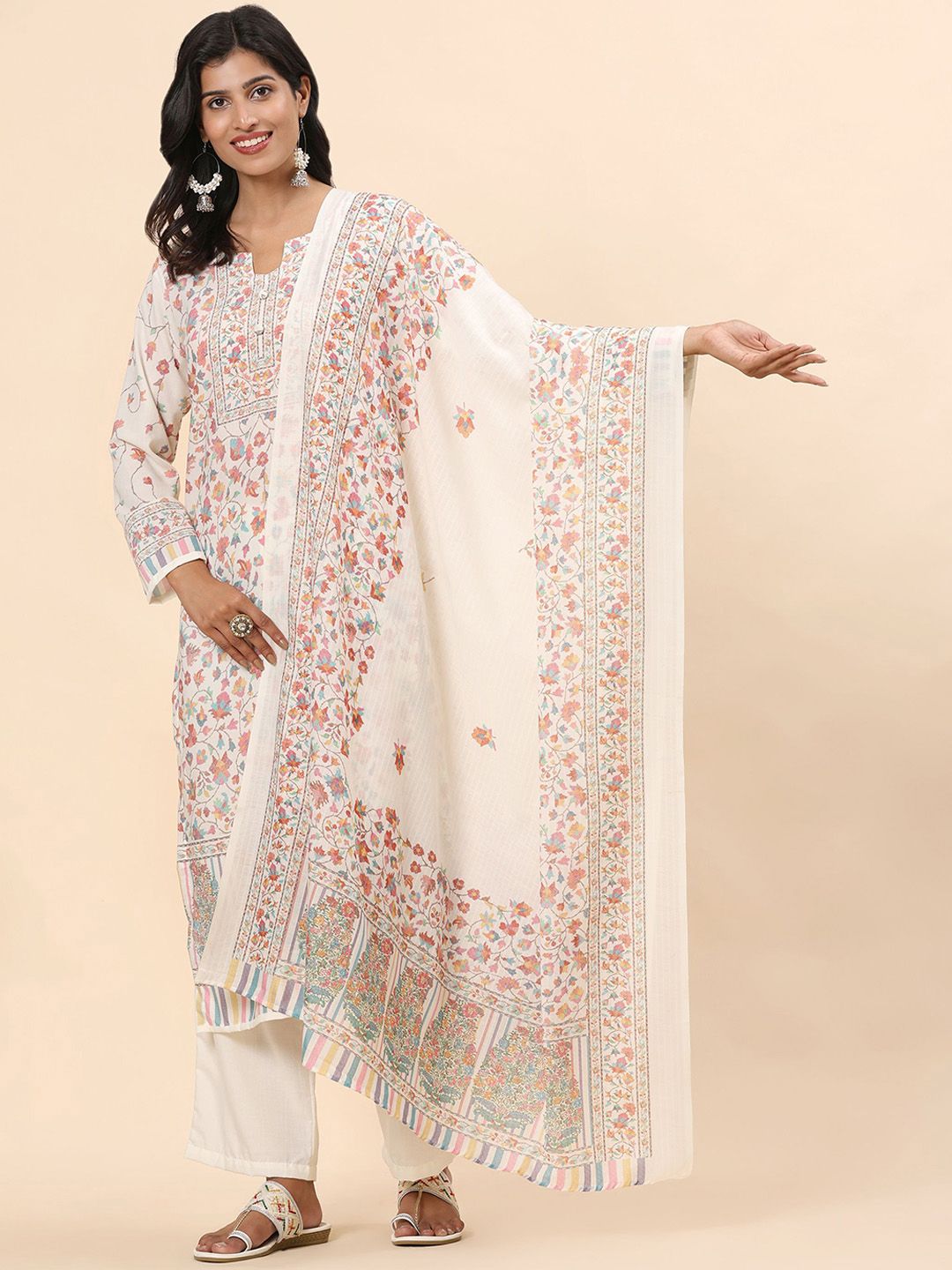 Mamicha Women Ethnic Motifs Printed Regular Thread Work Pure Cotton Kurta with Palazzos & With Dupatta