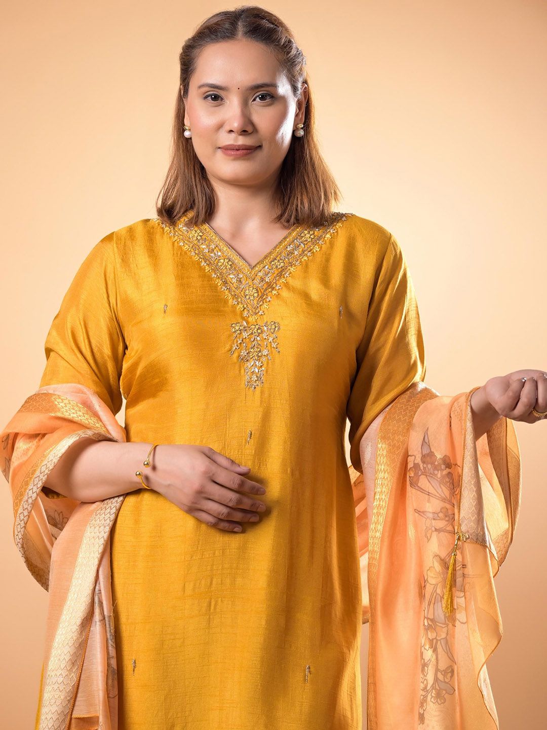 Mamicha Women Floral Embroidered Beads and Stones Pure Cotton Kurta with Trouser & Dupatta