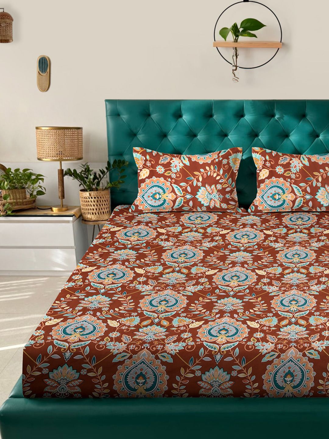 Aura Rust & Blue Printed 300 TC Set Cadar King 2.5 m x 2.25 m