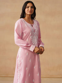 House of Chikankari Women Solid Pink Cotton Kurta
