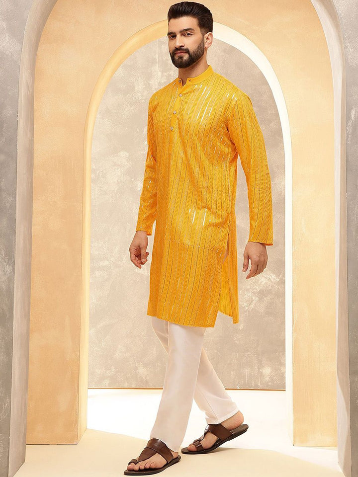 Anouk Mustard Geometric Embroidered Sequence Band Collar Cotton Straight Kurta