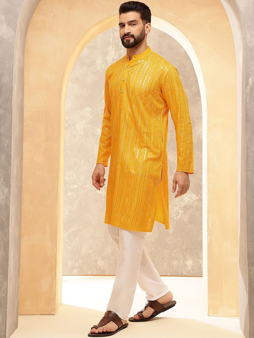 Anouk Mustard Geometric Embroidered Sequence Band Collar Cotton Straight Kurta