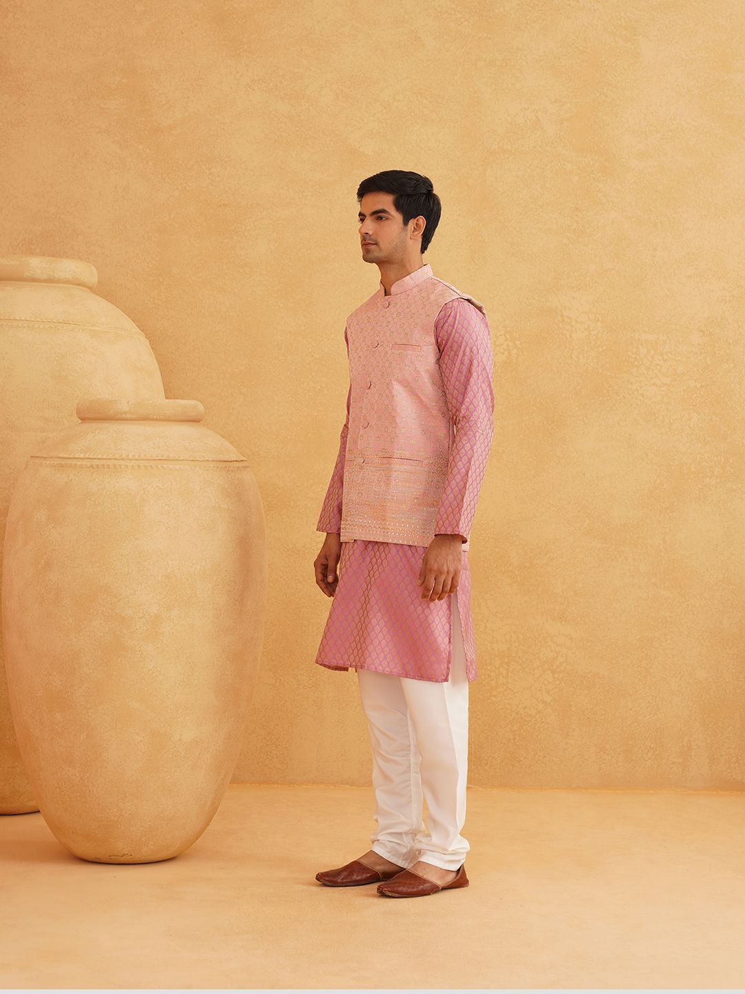SOJANYA Floral Woven Design  Mandarin Collar Straight Kurta With Churidar & Nehru Jacket