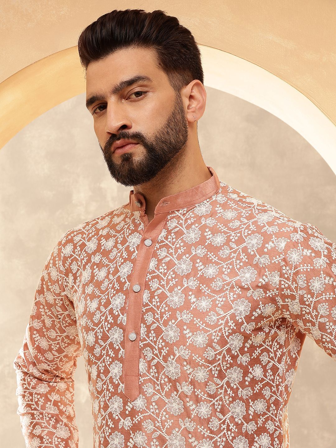 Anouk Peach Floral Embroidered Mandarin Collar Straight Kurta With Pyjamas