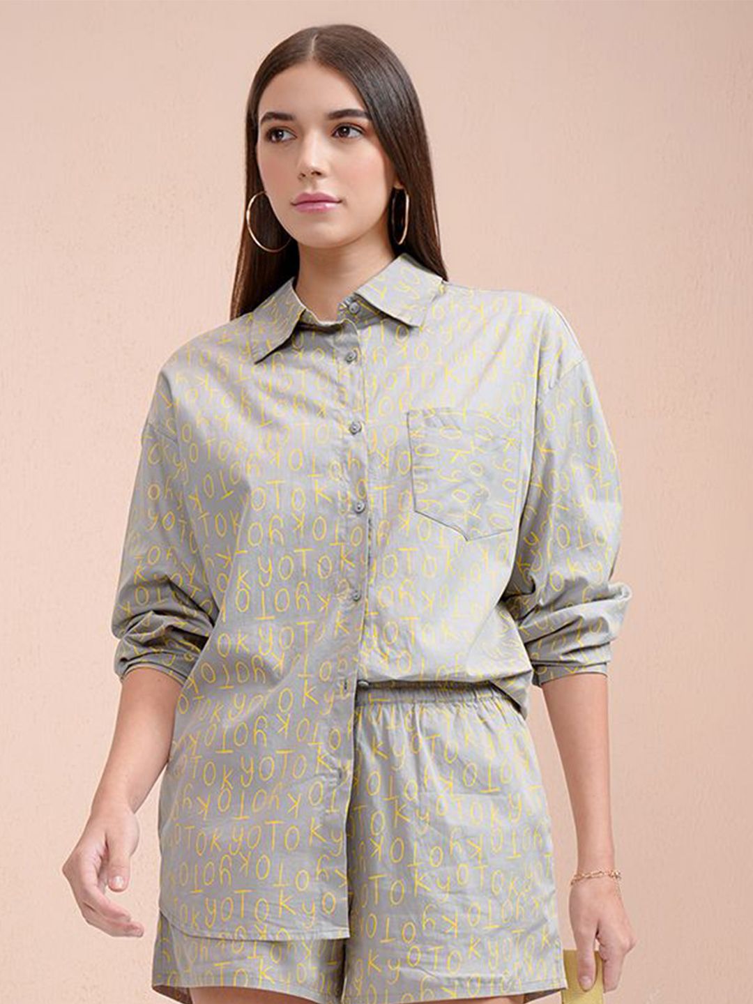 Tokyo Talkies Women Printed Button Down Full Slleve Shirt