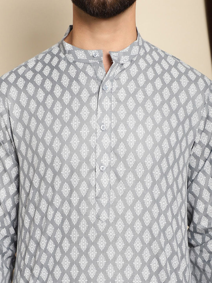 Anouk Grey Mandarin Collar Ethnic Motifs Printed Straight Kurta with Pyjamas